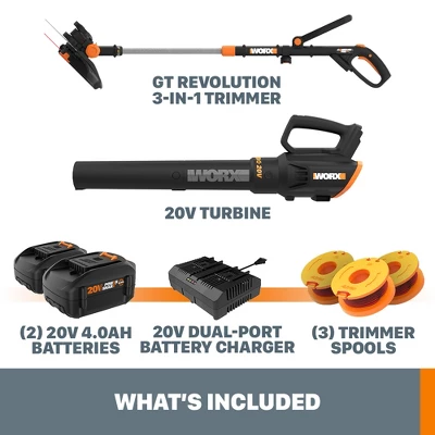 Worx WG930.3 20V Power Share GT Revolution 12" 4.0Ah Cordless String Trimmer & Turbine Leaf Blower Combo Kit 1 Worx WG930.3 20V Power Share GT Revolution 12" 4.0Ah Cordless String Trimmer & Turbine Leaf Blower Combo Kit