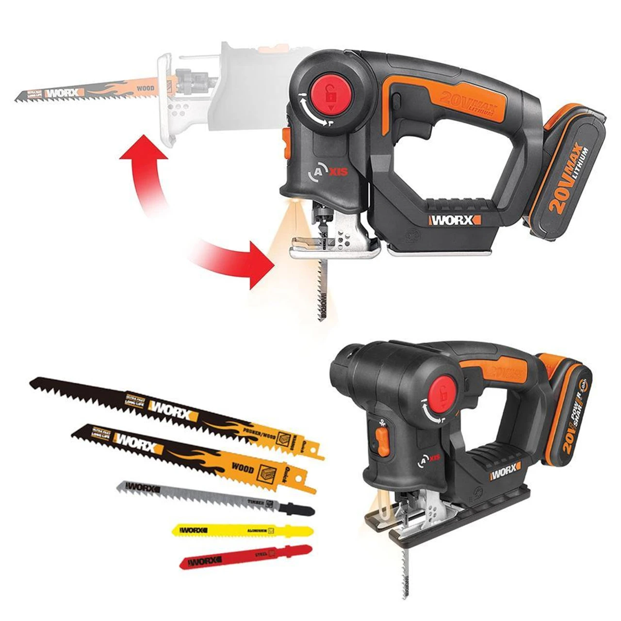 Worx WX550 20V MAX Reciprocating Saw/Jigsaw With 1x 2.0Ah Battery & Charger 2 Worx WX550 20V MAX Reciprocating Saw/Jigsaw With 1x 2.0Ah Battery & Charger - Image 2