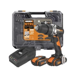 Worx WX352.4 20V MAX Nitro Brushless Combi Drill, 2x 2.0Ah Batteries, Charger, 75 Piece Accessory Set & Case