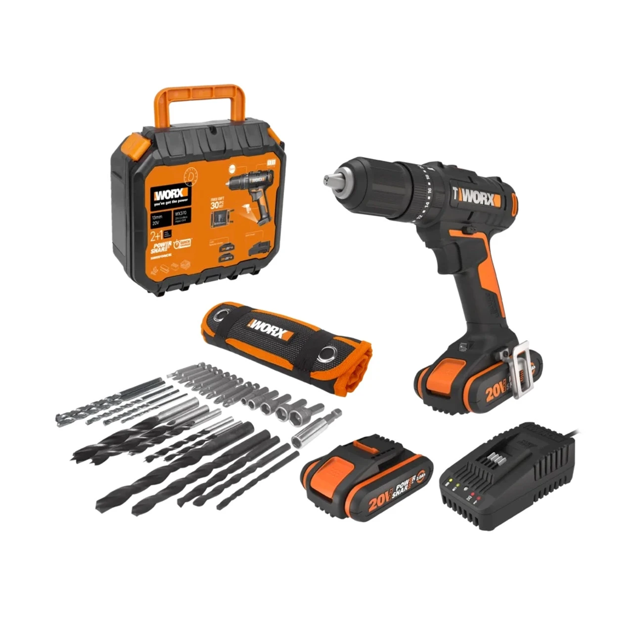Worx WX370 20V MAX Combi Drill, 2x 2.0Ah Batteries, Charger, 30 Piece Drill, Driver & Socket Accessory Set & Case 1 Worx WX370 20V MAX Combi Drill, 2x 2.0Ah Batteries, Charger, 30 Piece Drill, Driver & Socket Accessory Set & Case